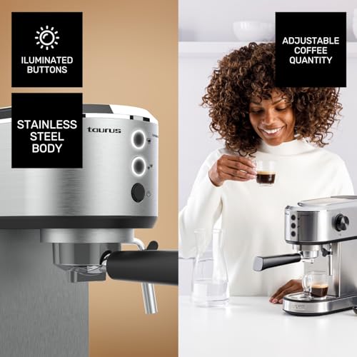Taurus - Cafetera Espresso Euforia Compact 1350W | 20 Bares Presión | Sistema Thermoblock | Filtro Supreme Cream | Vaporizador Orientable | Doble Café Simultáneo | Cuchara Dosificadora
