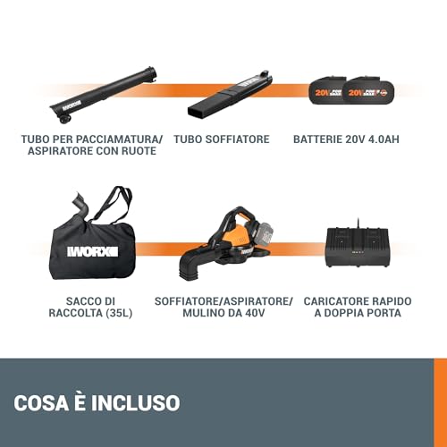WORX Aspirador de Hojas 40V Máx. 2x20V | WG583E | PowerShare |Incluye 2 baterías y Cargador Doble |2 en 1 Recoger y aspirar – Bolsa de 35 L | Incluye Toberas | Ligero