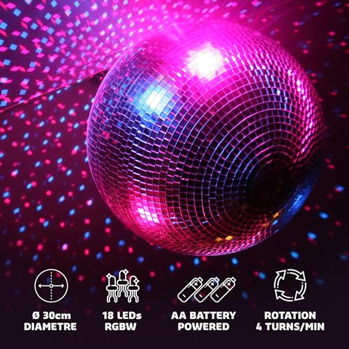 Ibiza - DISCO1-30 - Bola facetada de 30cm de diámetro con base de 18 LED y cadena de 20cm - Funciona con pilas