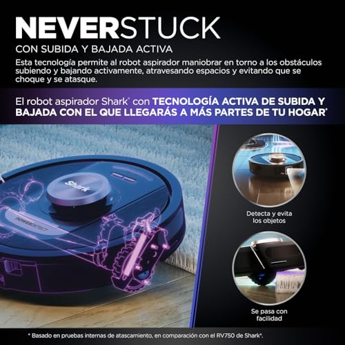 Shark PowerDetect Robot Aspirador, Vaciado automático, navegación 3D y LiDAR, Base antialérgenos, tecnología NeverStuck, para alfombras, Suelos y Pelo de Mascotas, WiFi/App, Negro, RV2820VEEU