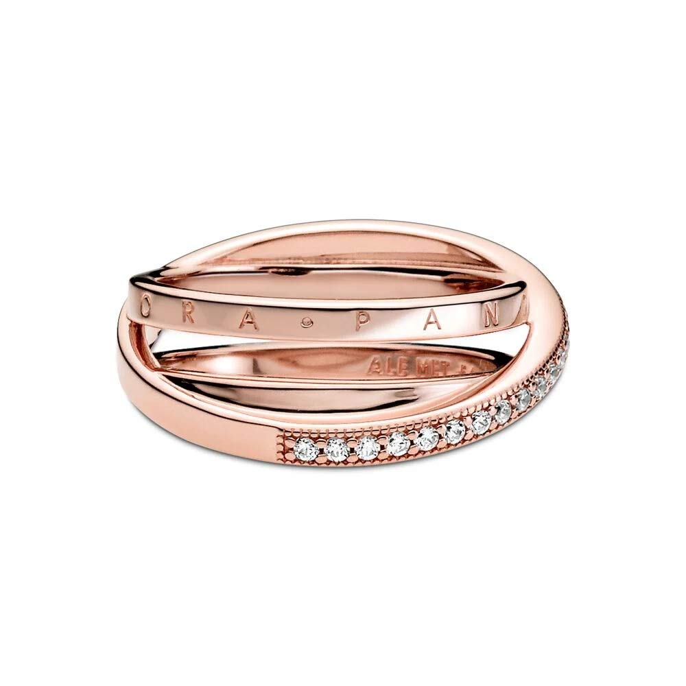 PANDORA Signature Anillo con triple banda cruzada con engaste pavé chapado en oro rosa de 14 quilates con circonitas cúbicas transparentes, talla 52