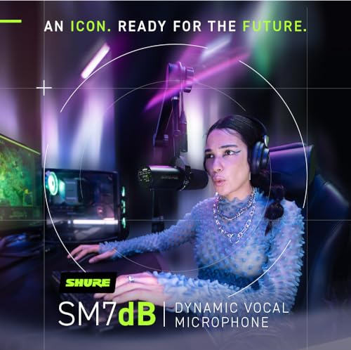 Shure SM7dB Micrófono dinámico para retransmisiones, podcasts y grabación, Amplio Rango de Frecuencias, Sonido cálido y Suave, construcción sólida, Paravientos Desmontable - Negro