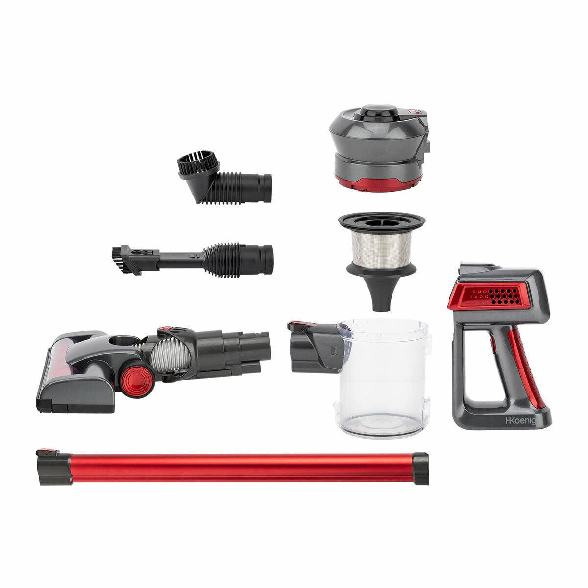 H.Koenig Aspirador de Mano y Escoba Inalámbrico Sin Bolsa UP810 PowerClean+ 2 Velocidades-Potente-Compacto-Ligero-Autónomo-Silencioso-120W-Multifunción, Rojo
