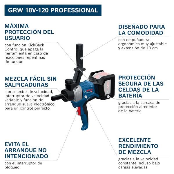 Bosch Professional 18V System mezcladora a batería GRW 18V-120 (incl. 1 extensión de 13 cm (M14-M14) 2 llaves (22/24), sin batería/cargador)