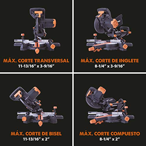 Evolution Power Tools - R210SMS-300+ Ingletadora deslizante multimaterial de 210 mm (230 V), con paquete plus, Corta acero dulce, aluminio, plástico, madera con clavos incrustados