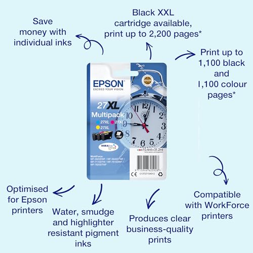 Epson Reloj despertador Multipack 27XL, cartuchos de tinta XL originales de alta capacidad, cian, magenta, amarillo, WF-3620DWF/WF-3640DTWF/WF-7110DTW/WF-7210DTW/WF-7610DWF/WF-7620DTWF/WF-7710DWF/WF-7710DWF/WF-7715DWF/WF-7720DTWF