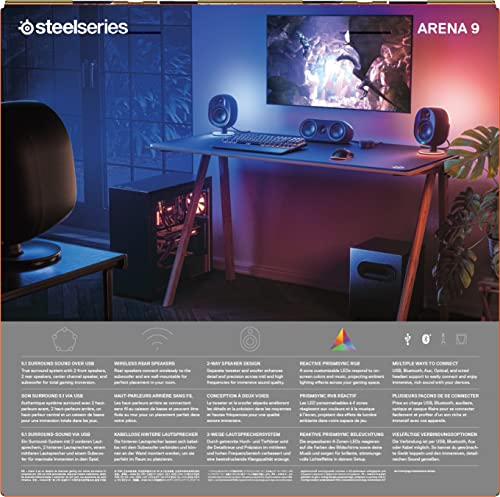 SteelSeries Arena 9 - Altavoces gaming 5.1 – Sonido envolvente USB 5.1 – Altavoces traseros inalámbricos – Diseño de altavoces de 2 vías – Subwoofer – Iluminación RGB reactiva – USB, Bluetooth