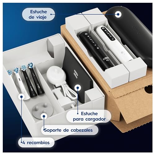Oral-B iO 5N Cepillos de Dientes Eléctricos (Pack de 2) con Mango Recargable, 2 Cabezales y Estuche de Viaje con Cargador, Diseñado por Braun - Negro y Blanco