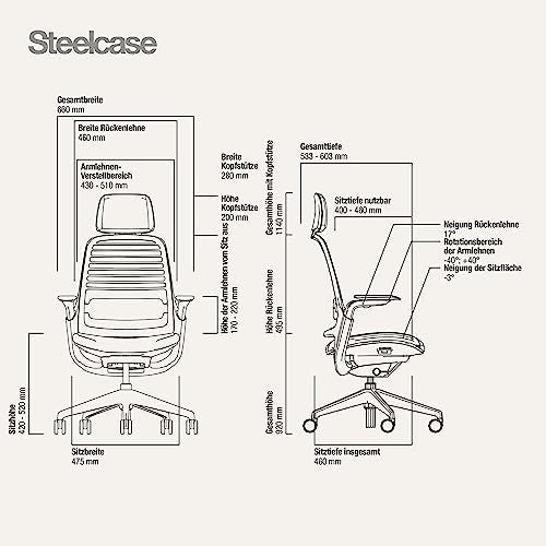 Steelcase Series 1, Silla de Oficina ergonómica con sujeción Lumbar, Brazos 4D y reposa Cabeza Regulables, Respaldo de Malla Lenteja