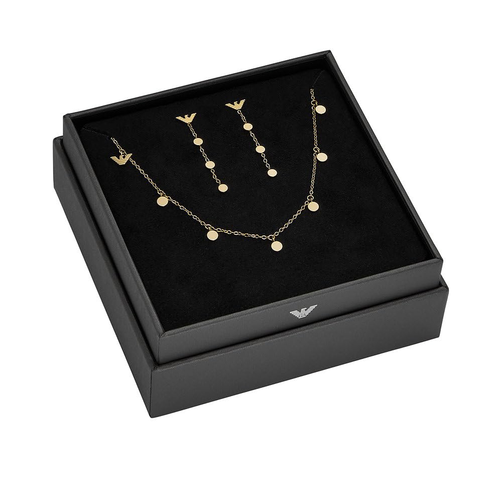 Emporio Armani Juego de collar y pendientes de acero inoxidable o latón para mujer, Conjunto de tono dorado claro