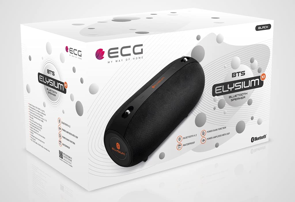 ECG BTS X1 Black – Altavoz Bluetooth – USB; Micro SD Tarjeta; FM Radio; Energía Banco; MP3, WMA, Ape, FLAC; Tiempo de reproducción: 12 Horas; Handsfree; Agua Best Integrado; AUX de Entrada Negro