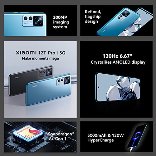 Xiaomi 22081212UG 12T Pro 5G Smartphone, Pantalla de 6.67” AMOLED de 120Hz, Snapdragon 8+ Gen 1, Cámara de 200MP, Smart Hypercharge 120W, 5000mAh, Color Cosmic Black, 8 + 256 GB