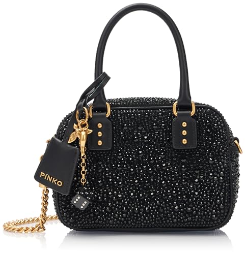 Pinko Bolos Mini Corteza con Diamantes de imitación + Becerro de Seda, Bolsa para Mujer, Z99q_Negro-Antiguo Gold