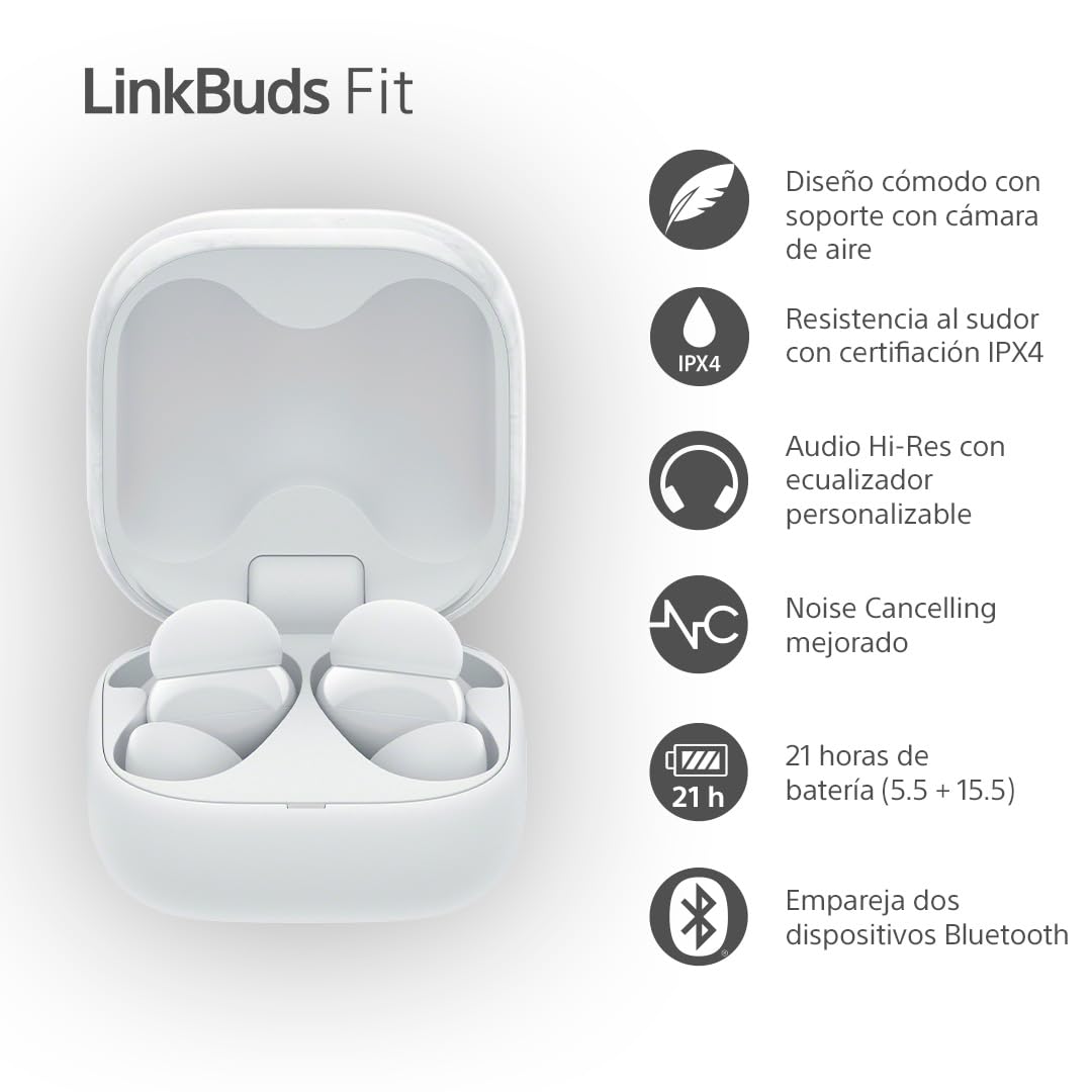Sony LinkBuds Fit – Auriculares Bluetooth True Wireless con Noise Cancelling - Cómodos Todo el día, IPX4, Hi-Res Audio, Ambient Sound Mode, 21 h autonomía, conexión multipunto, iOS y Android - Blanco