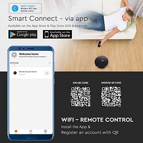 V-TAC Aspirador giroscópico Robotizado de Carga automática Compatible con Amazon Alexa y Google Home, Color Negro