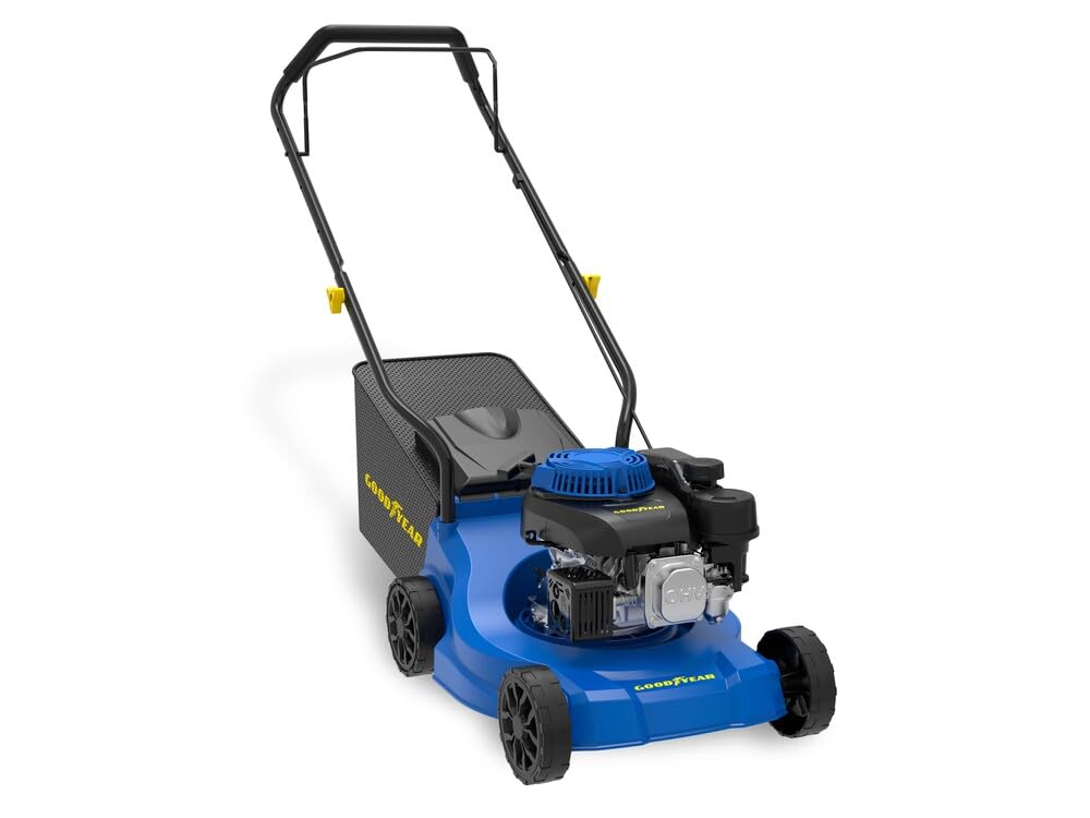 Goodyear - Cortacésped a Gasolina 132cc OHV 4T, 3.35HP, Ancho Corte 39cm, Altura Ajustable 30-66mm, Bolsa 35L, Chasis Plástico, Arranque Manual, Ideal Jardines Medianos