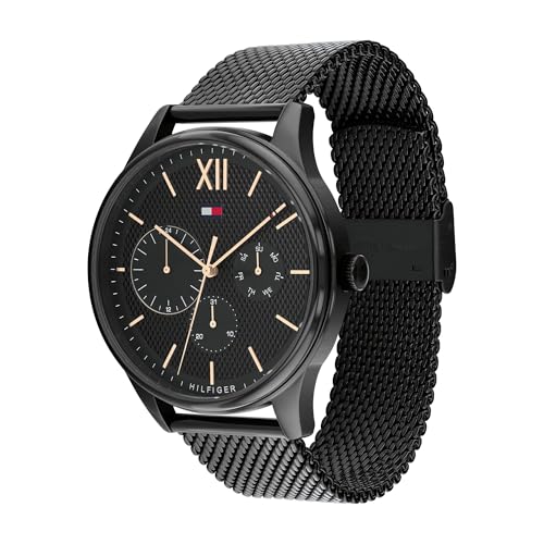 Tommy Hilfiger Reloj Multifunción de Cuarzo para Hombre de 44 mm - Esfera Negra con Motivo Clou de Paris, Pulsera de Malla de Acero Inoxidable Negra, Resistente al Agua 5ATM - 1791420