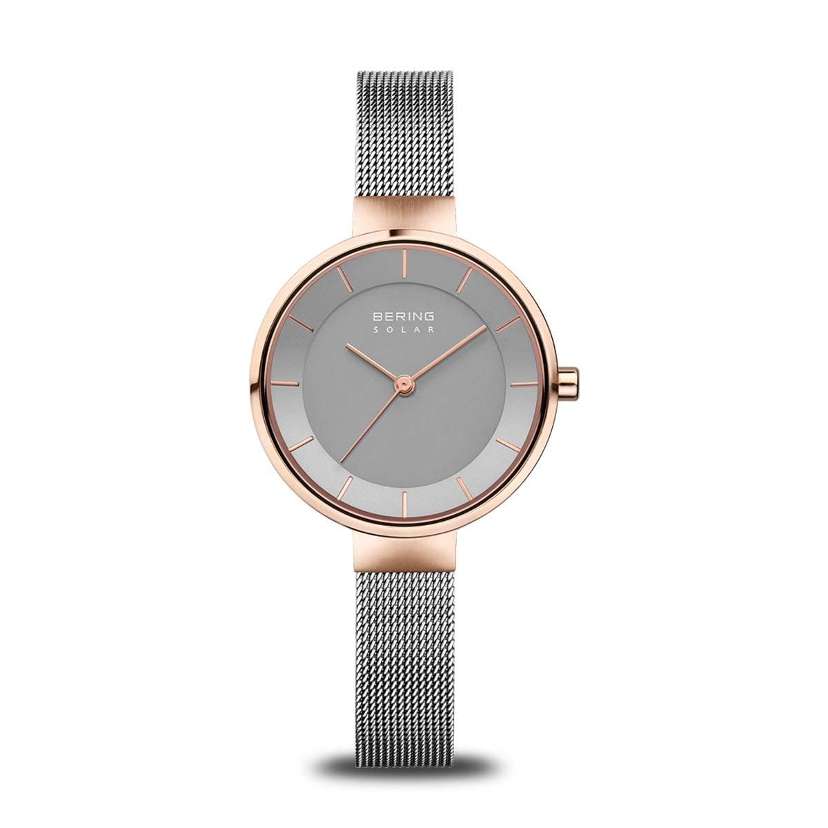 BERING 14631-369 Reloj solar para mujer con caja de acero inoxidable de 31 mm con acabado en oro rosa y esfera gris, correa milanesa, cristal de zafiro y resistencia al agua de 5 ATM