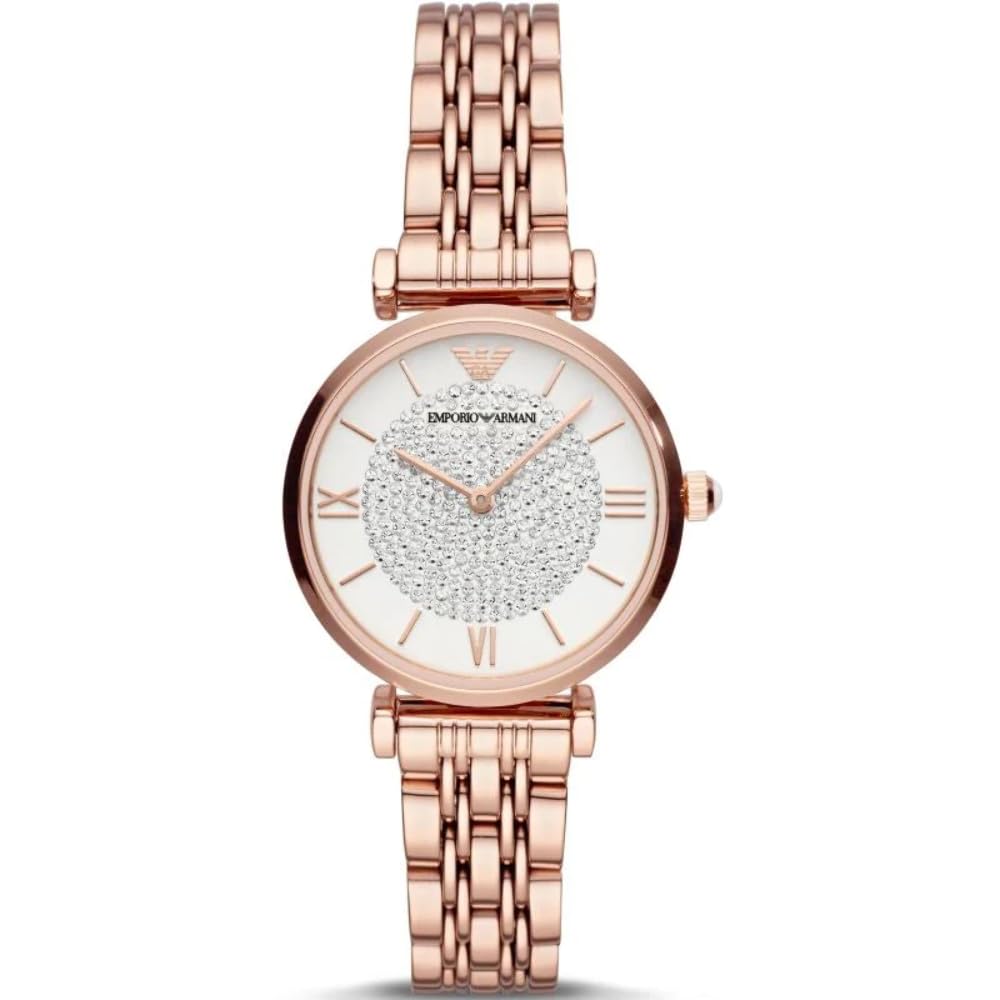 Emporio Armani Reloj Mujer, Movimiento de dos manecillas, 32mm Caja de acero con correa de acero, AR11244, Tono oro rosa y purpurina blanca