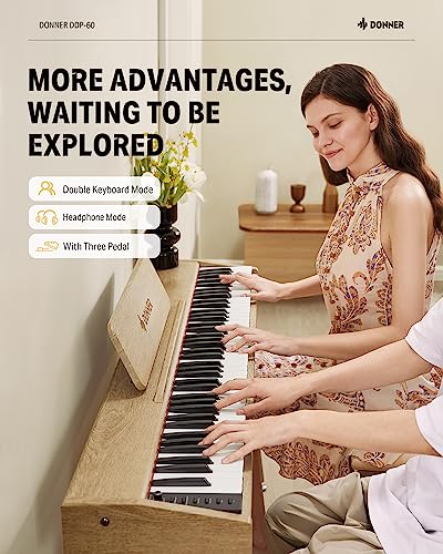 Donner DDP-60 Teclado eléctrico de piano digital de 88 teclas con teclas sensibles a la velocidad, 2 altavoces de 15 W, 128 voces, 83 ritmos, 8 efectos de reverberación, 5 curvas de intensidad