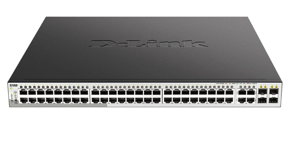 D-Link DGS-1210-52MP - Switch PoE 52 Puertos Gigabit y 4 Puertos SFP Combo (48 x PoE máx. 30 W por Puerto hasta un Total 370 W máx., Altura 1U, VLAN automática para Video vigilancia y telefonía IP)