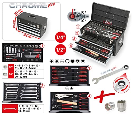KS Tools 918.0100 1/4"+1/2" Juego de herramientas universales CHROMEplus, 99 pzs GEAR
