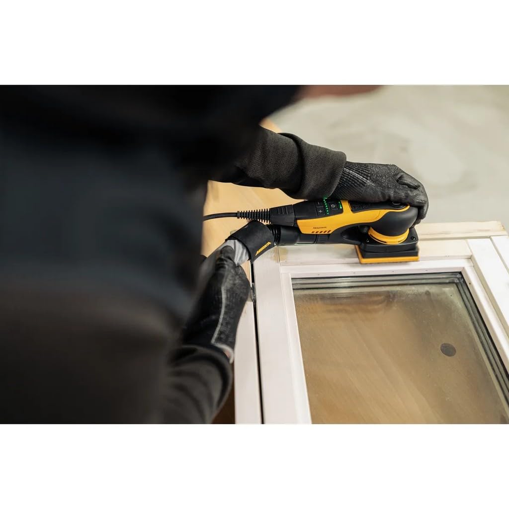 Mirka® DEOS II 343 75x100mm Hub 3.0. La Mirka DEOS es una lijadora orbital eléctrica, perfecta para trabajos de madera y pintura, especialmente para puertas, ventanas, esquinas y lugares de difícil