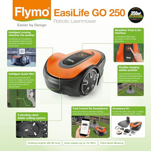 Flymo EasiLife 250 GO - Cortacésped robótico - Corta hasta 250 m², Corte ultrasilencioso, césped arreglado, Control de aplicación Bluetooth, sensores de Seguridad, Manguera Lavable, Funciones de