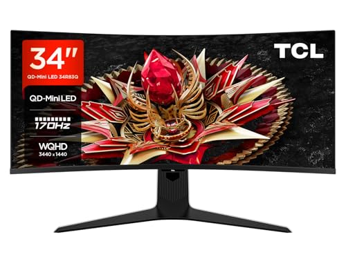 TCL 34R83Q 34 pulgadas WQHD Mini-LED 1500R Monitor Gaming Curvo, 170Hz, 1ms de tiempo de respuesta, AMD FreeSync™ Premium, Resolución 3440 x 1440, 21:9, 1600nits, Display HDR1400, Flicker Free, Tipo-C