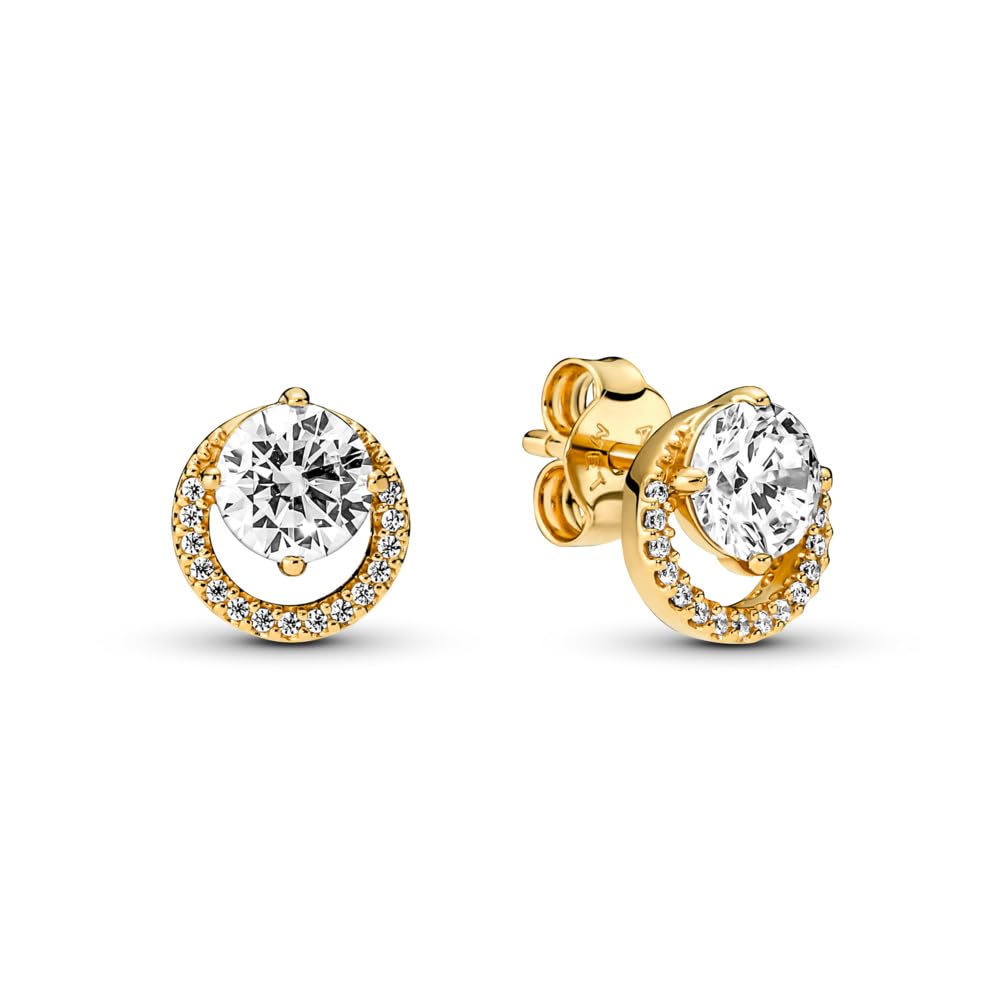 Pandora Timeless Pendientes de botón con halo redondo centelleante chapados en oro de 14 quilates con circonita cúbica transparente