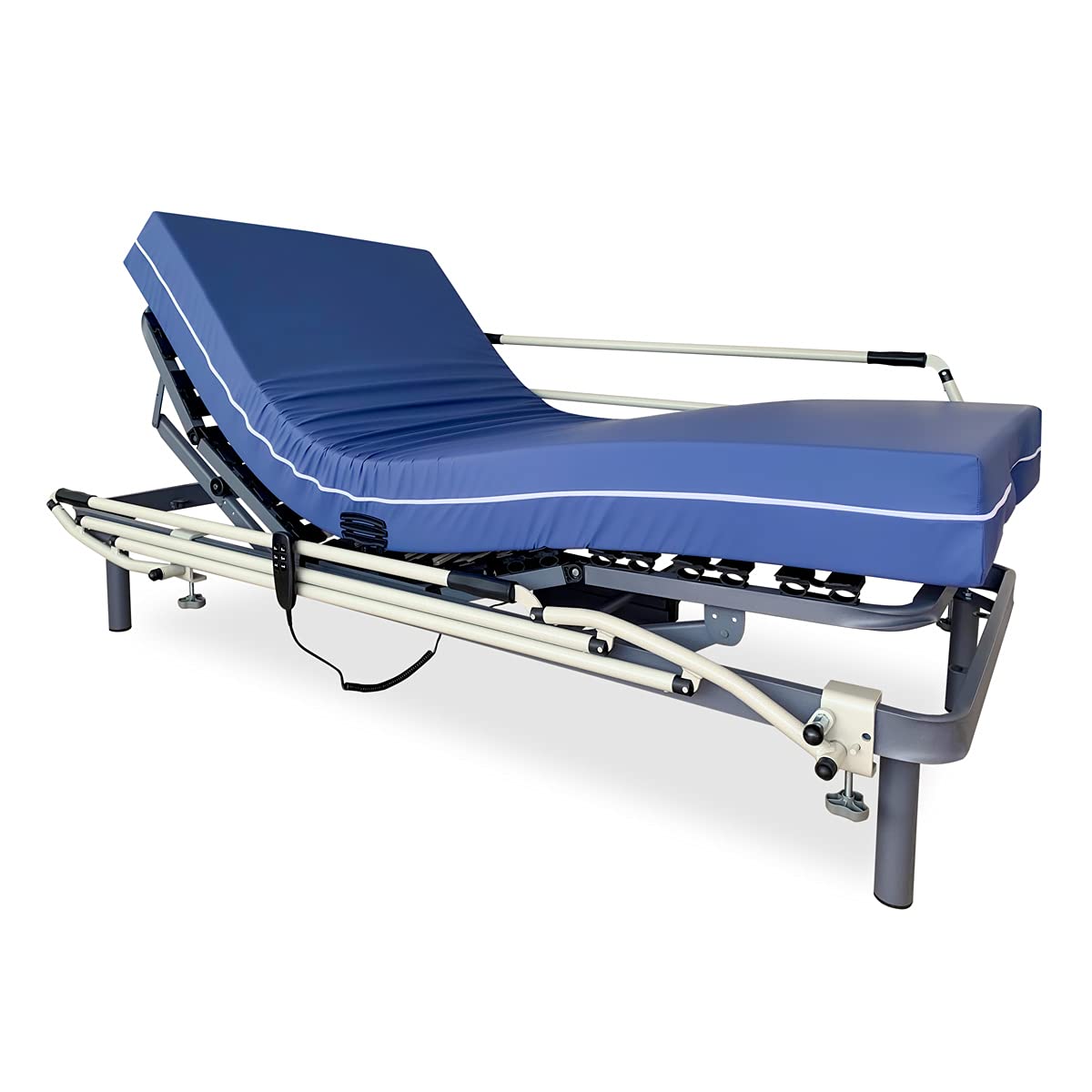 DUÉRMETE ONLINE - Pack Cama Eléctrica Articulada Reforzada Ergomedic Pro + Colchón Sanitario Sanipur + Barandillas INOX, 90x190