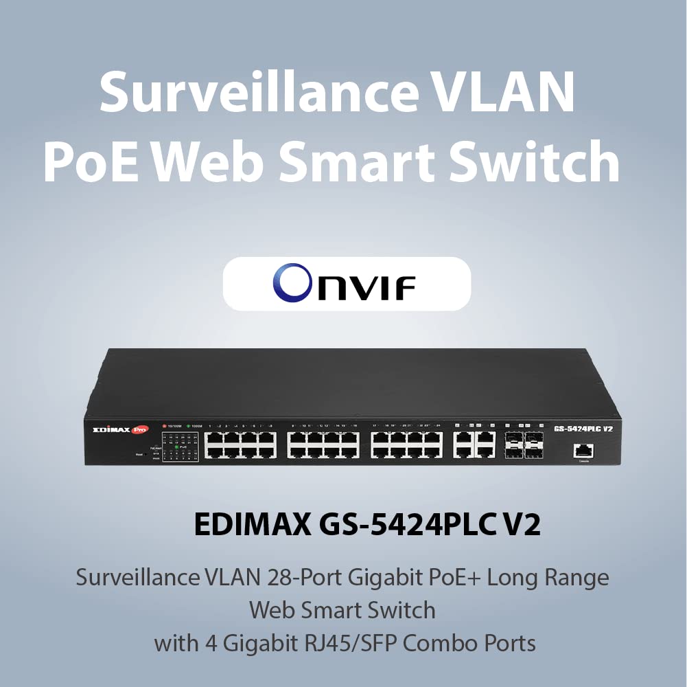Edimax GS-5424PLC V2 - Conmutador Web Inteligente de Largo Alcance con 28 Puertos Gigabit PoE+, 4 Puertos Gigabit Combo RJ45/SFP