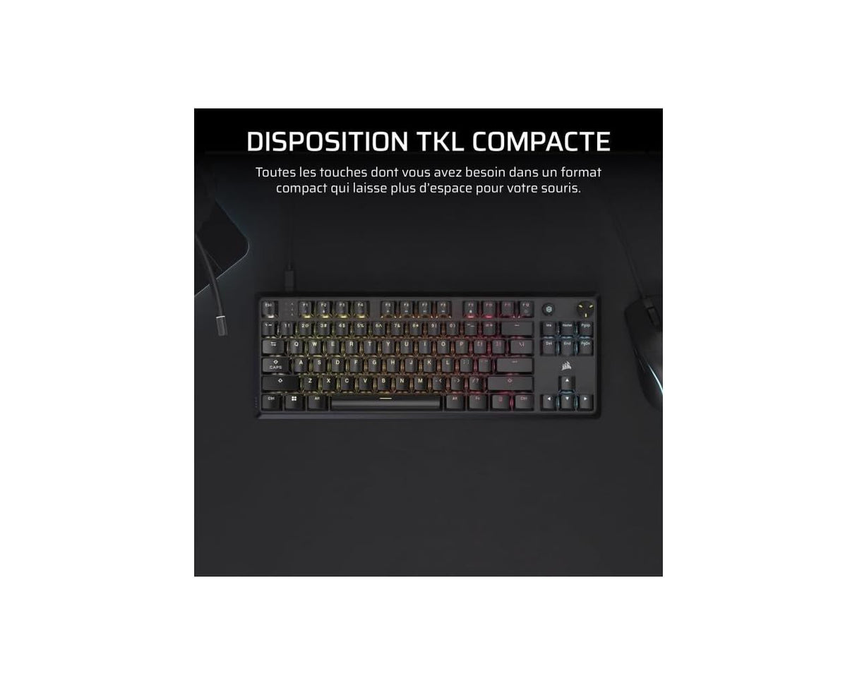 Corsair K70 Core TKL RGB Teclado de Juego mecánico sin Llave - Interruptores lineales MLX Red v2 prelubricados - Doble Capa de atenuación del Sonido - Tapones de Llave ABS - AZERTY FR - Negro