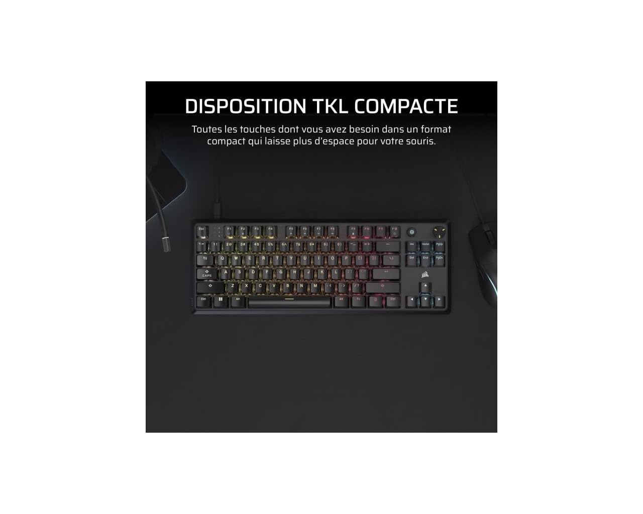 Corsair K70 Core TKL RGB Teclado de Juego mecánico sin Llave - Interruptores lineales MLX Red v2 prelubricados - Doble Capa de atenuación del Sonido - Tapones de Llave ABS - AZERTY FR - Negro