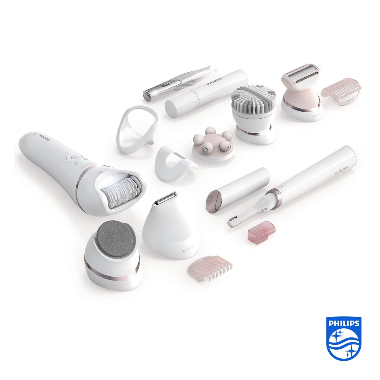 Philips Depiladora Mujer Serie 9000, 12 en 1, Para Cuerpo, Cara, Pies y Bikini, Uso en Seco o Humedo, Piel Suave desde Casa, Cabezal Ceramico, Incluye Lapiz Perfilador, BRE740/90, Blanco