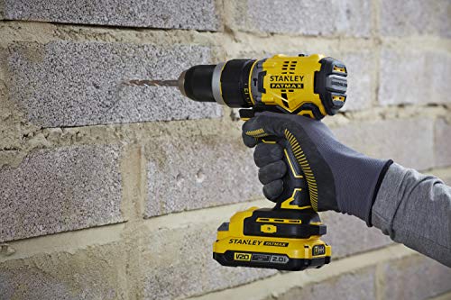 STANLEY FATMAX Taladro Percutor Sin Cable V20 (18V), Motor Sin Escobillas, 80Nm, 2 Baterías 2Ah, Cargador, Maletín, Portabrocas Metálico 13mm, 14 Posiciones de Par, SFMCD721D2K-QW