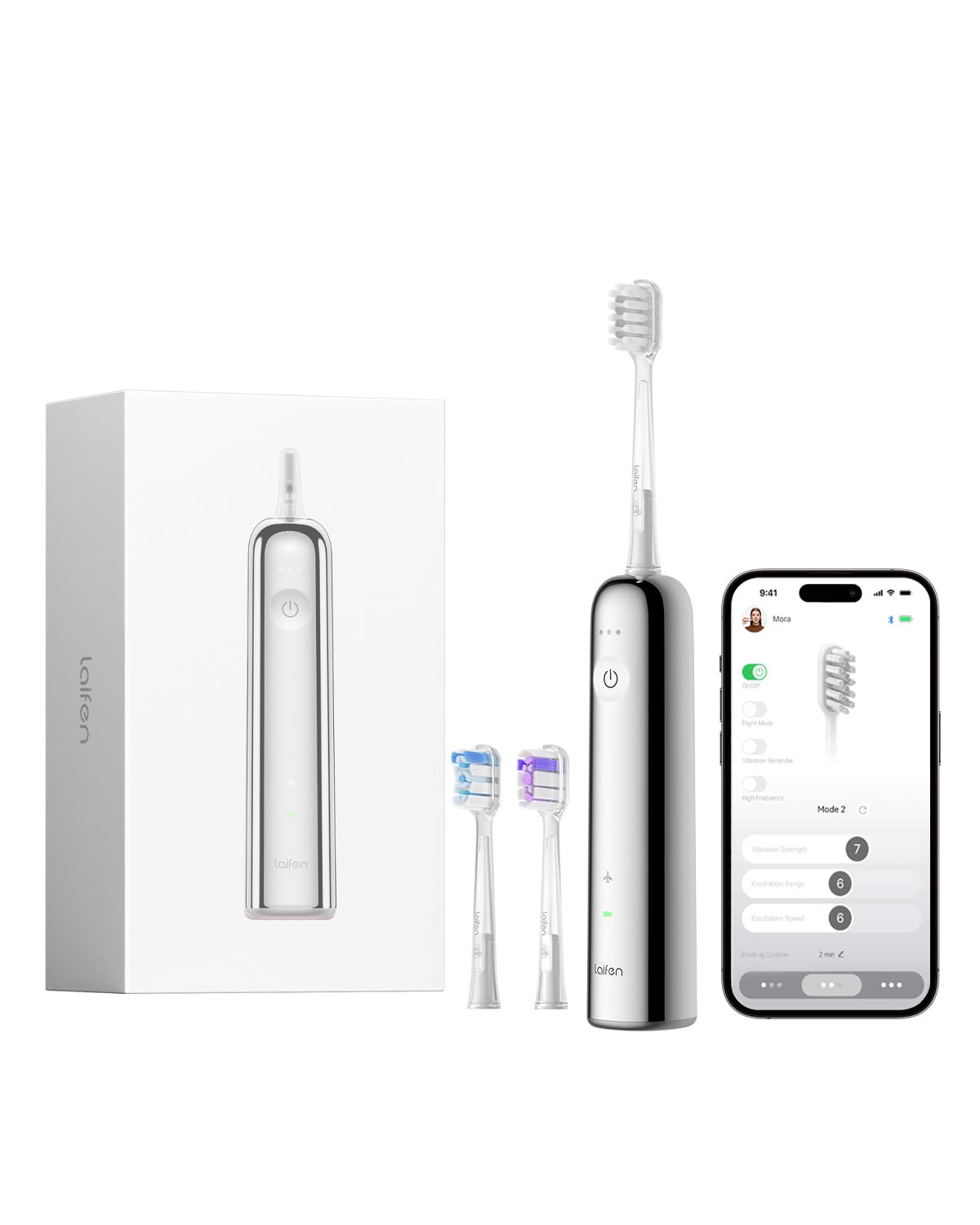 Laifen Wave Cepillo de Dientes Eléctrico Sónico Primera 60° Oscilación y Vibración 45 Días de Autonomía con 3 Cabezales Aceptado por ADA Personalización APP Antimoho Viaje Adultos (Acero Inoxidable)