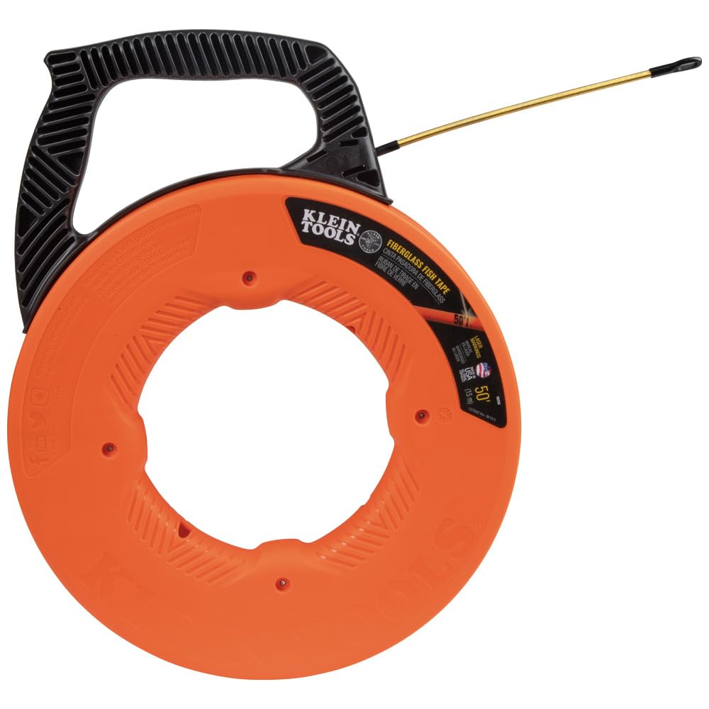 Klein Tools Cinta de pescado, extractor de alambre de fibra de vidrio con líder de acero en espiral, carcasa optimizada y mango, 15 m 56350