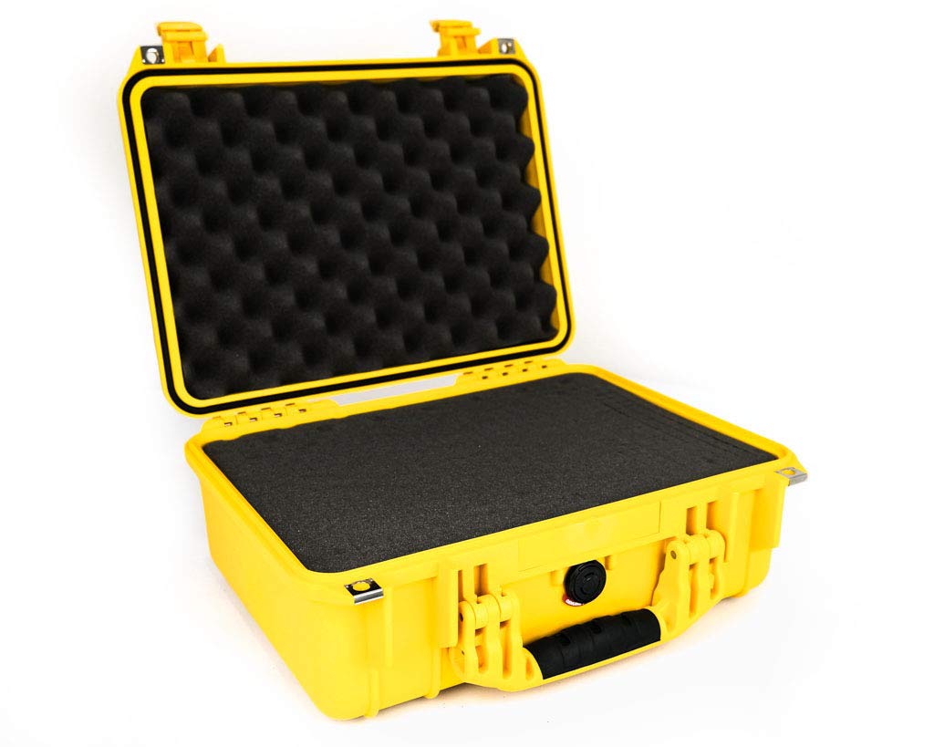 PELI 1450 Maleta de transporte resistente para componentes electrónicos, instrumentacion, herramientas, IP67 estanca, 15L de capacidad, fabricada en Alemania, con espuma personalizable, Color Amarillo