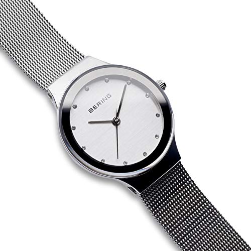 BERING 12934-000 Reloj de cuarzo para mujer con caja de acero inoxidable plateado de 34 mm y esfera plateada, correa milanesa, cristal de zafiro y resistencia al agua de 3 ATM