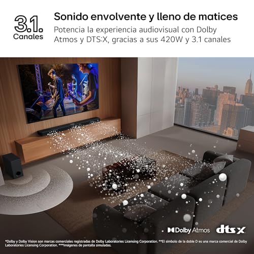 LG SG10TY - Barra de Sonido Inteligente, 420W, 3.1 Canales, Sonido Envolvente Dolby Atmos y DTS, Amplia Conectividad, Bluetooth, USB, Entrada Óptica, Negro