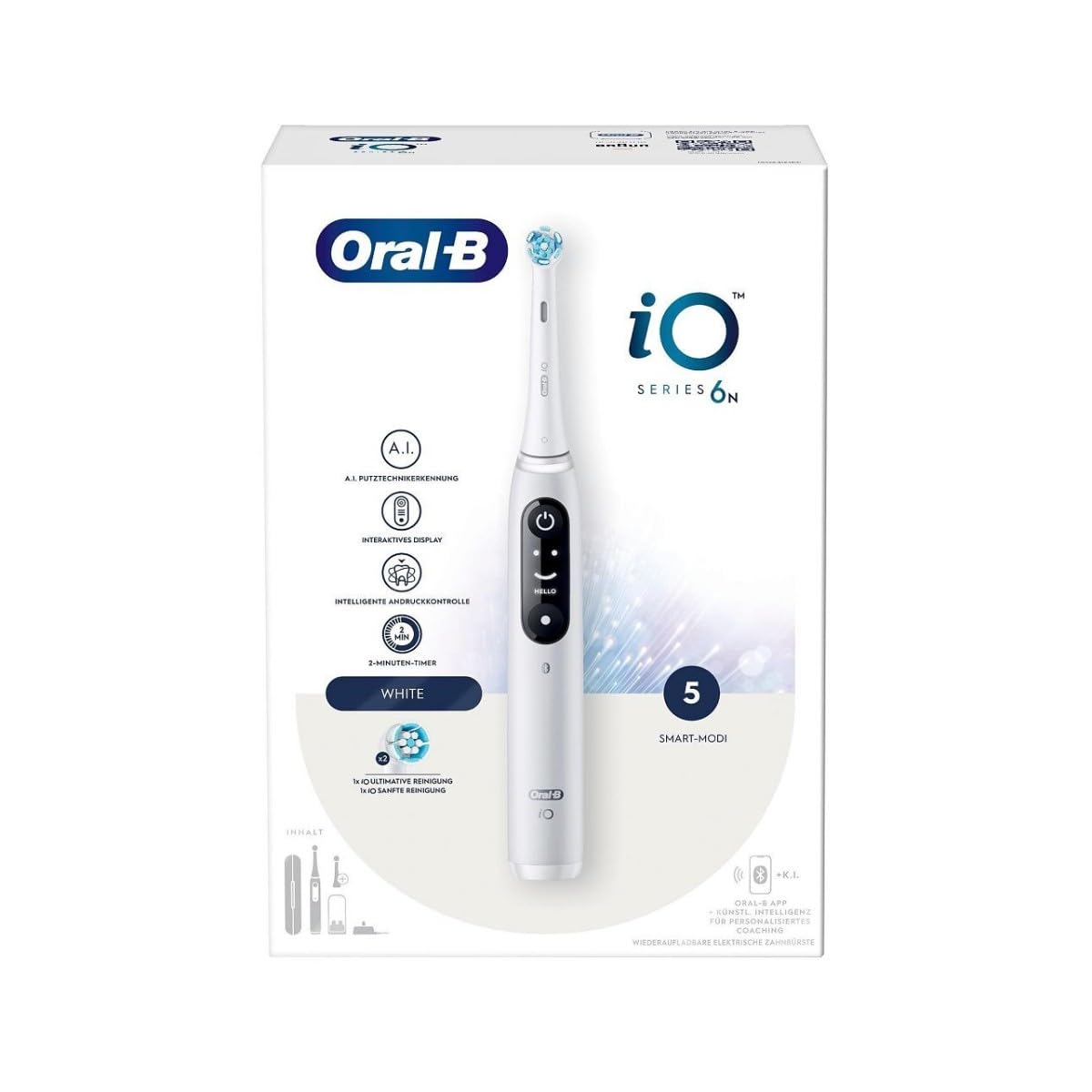 Oral-B iO Series 6 - Cepillo de dientes eléctrico, 2 cabezales de cepillo, 5 modos de cepillado para el cuidado dental, regalo de San Valentín para él o ella, pantalla y estuche de viaje, diseñado por