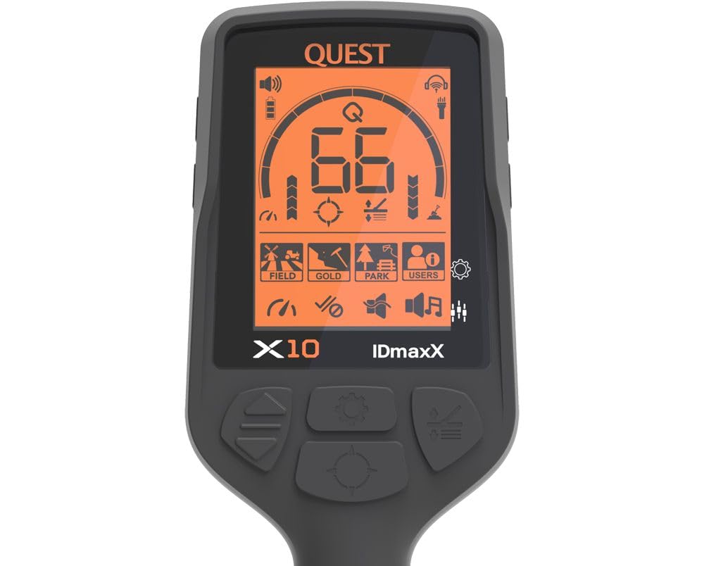 Quest Detector de metales X10 IDmaxX con hoja de alto rendimiento de 11 x 10 pulgadas TurboD doble D bobina impermeable ligera incorporada USB-C batería recargable altavoz LED retroiluminación y