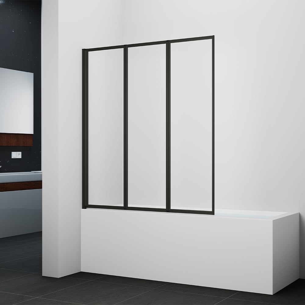 Marwell Pared plegable para bañera Black Light de 3 hojas, 125 cm x 143 cm x 5 cm, elementos de cristal de seguridad de 4 mm, plegable, marco de aluminio negro mate