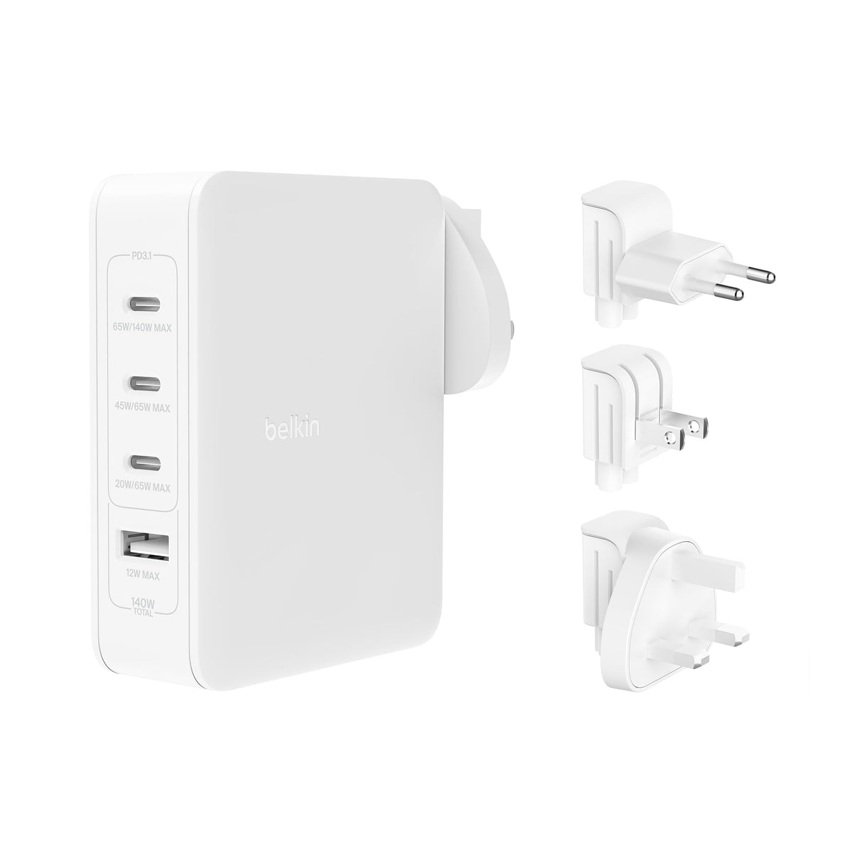 Belkin cargador de pared GaN con 4 puertos de 140 W, 3 puertos USB-C Power Delivery para carga rápida y 1 puerto USB-A, iPhone, Samsung Galaxy, Google Pixel, iPad, MacBook, portátil, tableta y otros
