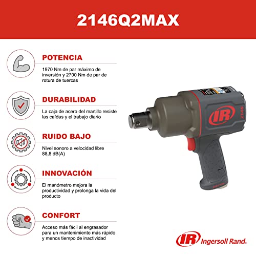 Ingersoll Rand 2146Q2MAX Llave de Impacto Neumática, 1 Pulgada, Herramienta Compuesta, Bajo Ruido, 1970 Nm de Par, Ligera y Duradera, 1 Unidad