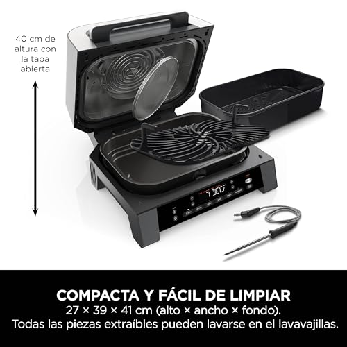 Ninja MAX 6 en 1 Freidora de aire y parrilla de interior, 6 funciones de cocción sin humo, cocina hasta 6 hamburguesas, capacidad de 3,8 l, incluye termómetro digital para carne, gris/plata, DG551EU