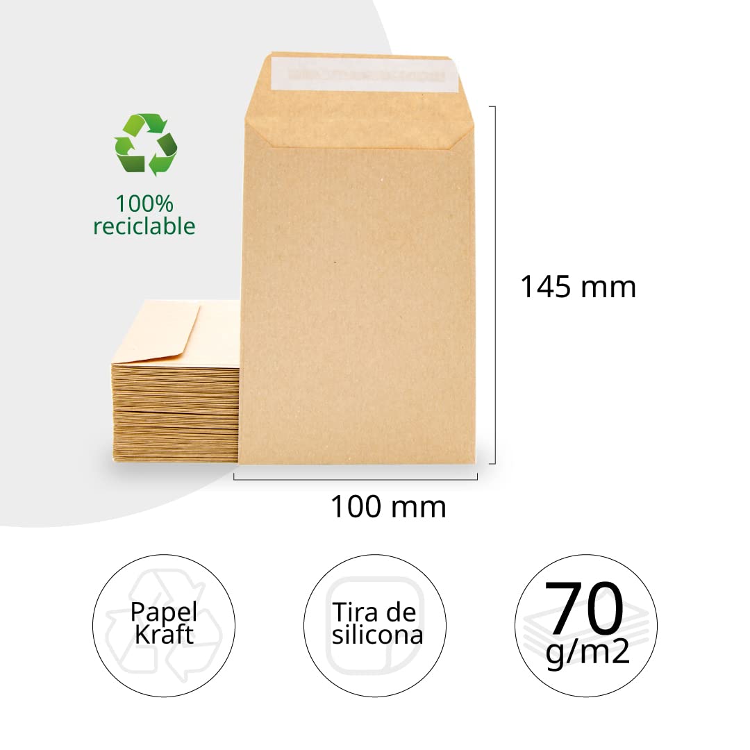 Sobres de Papel Kraft, Sobres Pequeños Tira de Silicona para Invitaciones o Bolsitas de Regalo de invitados de Boda. Medida 100x145mm. Sobres para joyas o semillas · m-office (1000 uds)