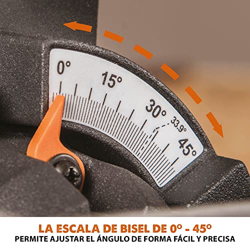 Evolution Sierra ingletadora deslizante de 185 mm (R185SMS+) de Evolution con corte multimaterial; bisel de 45°, inglete de 50°; guía láser. Incluye hoja multiusos