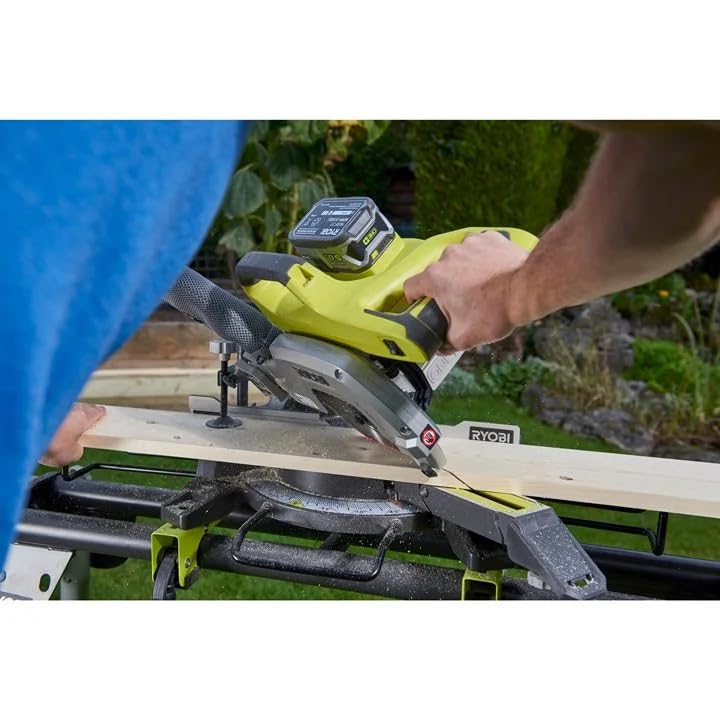 RYOBI - Ingletadora Radial a Batería 18V ONE+ 216 mm - Capacidad 70 x 270 mm a 90° - Guía Láser - Entregada con 1 Hoja de 48 Dientes, 1 Bolsa de Polvo (sin Cargador ni Batería) - R18MS216-0